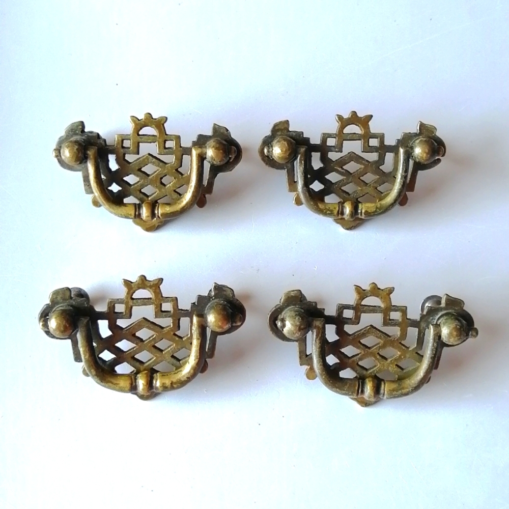 Four Small Vintage Chippendale Drawer Cabinet Bail Pull Handles with Swing